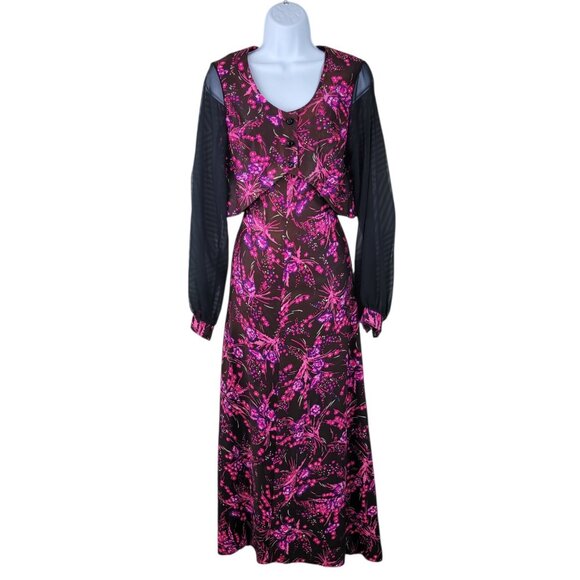 Vintage 60s Crop Jacket Dress Set XS Small Hostess Maxi Floral Pink Brown - Picture 2 of 10